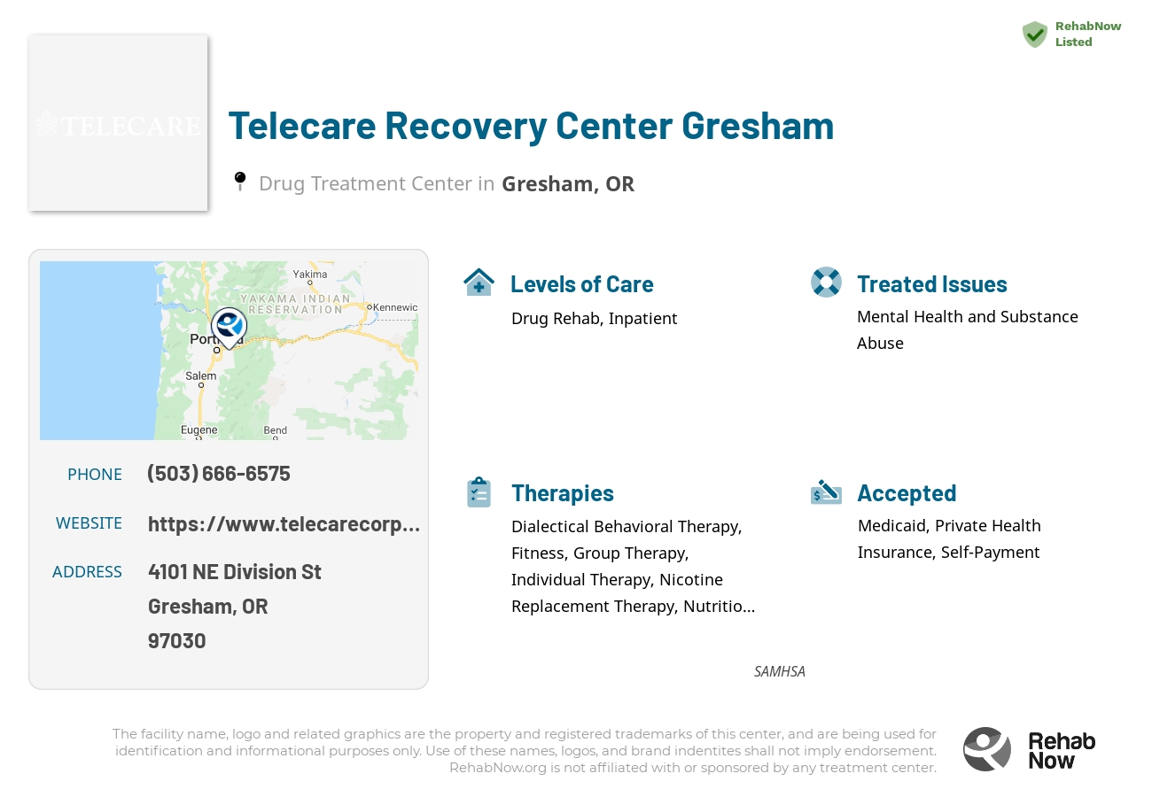 Helpful reference information for Telecare Recovery Center Gresham, a drug treatment center in Oregon located at: 4101 NE Division St, Gresham, OR 97030, including phone numbers, official website, and more. Listed briefly is an overview of Levels of Care, Therapies Offered, Issues Treated, and accepted forms of Payment Methods.