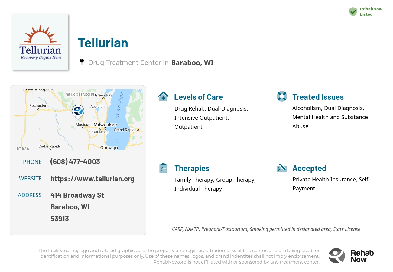 Helpful reference information for Tellurian, a drug treatment center in Wisconsin located at: 414 Broadway St, Baraboo, WI 53913, including phone numbers, official website, and more. Listed briefly is an overview of Levels of Care, Therapies Offered, Issues Treated, and accepted forms of Payment Methods.