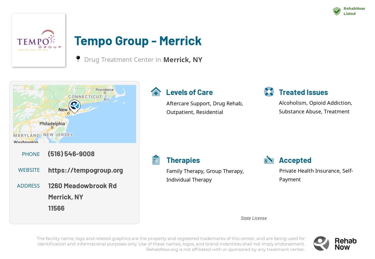 Helpful reference information for Tempo Group - Merrick, a drug treatment center in New York located at: 1260 Meadowbrook Rd, Merrick, NY 11566, including phone numbers, official website, and more. Listed briefly is an overview of Levels of Care, Therapies Offered, Issues Treated, and accepted forms of Payment Methods.