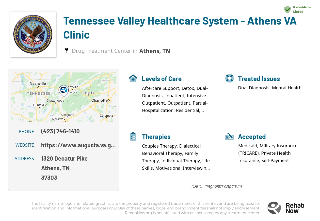 Helpful reference information for Tennessee Valley Healthcare System - Athens VA Clinic, a drug treatment center in Tennessee located at: 1320 Decatur Pike, Athens, TN 37303, including phone numbers, official website, and more. Listed briefly is an overview of Levels of Care, Therapies Offered, Issues Treated, and accepted forms of Payment Methods.