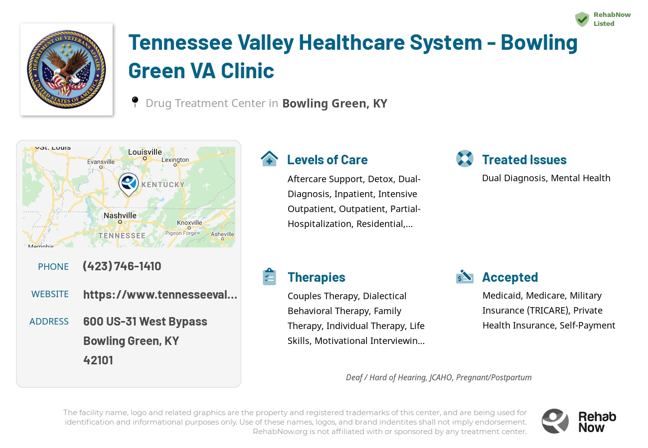 Helpful reference information for Tennessee Valley Healthcare System - Bowling Green VA Clinic, a drug treatment center in Kentucky located at: 600 US-31 West Bypass, Bowling Green, KY, 42101, including phone numbers, official website, and more. Listed briefly is an overview of Levels of Care, Therapies Offered, Issues Treated, and accepted forms of Payment Methods.