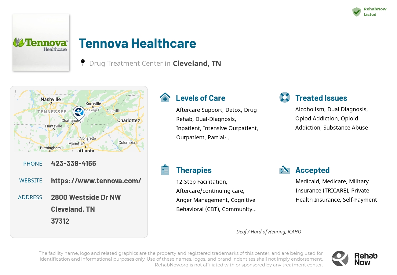 Helpful reference information for Tennova Healthcare, a drug treatment center in Tennessee located at: 2800 Westside Dr NW, Cleveland, TN 37312, including phone numbers, official website, and more. Listed briefly is an overview of Levels of Care, Therapies Offered, Issues Treated, and accepted forms of Payment Methods.