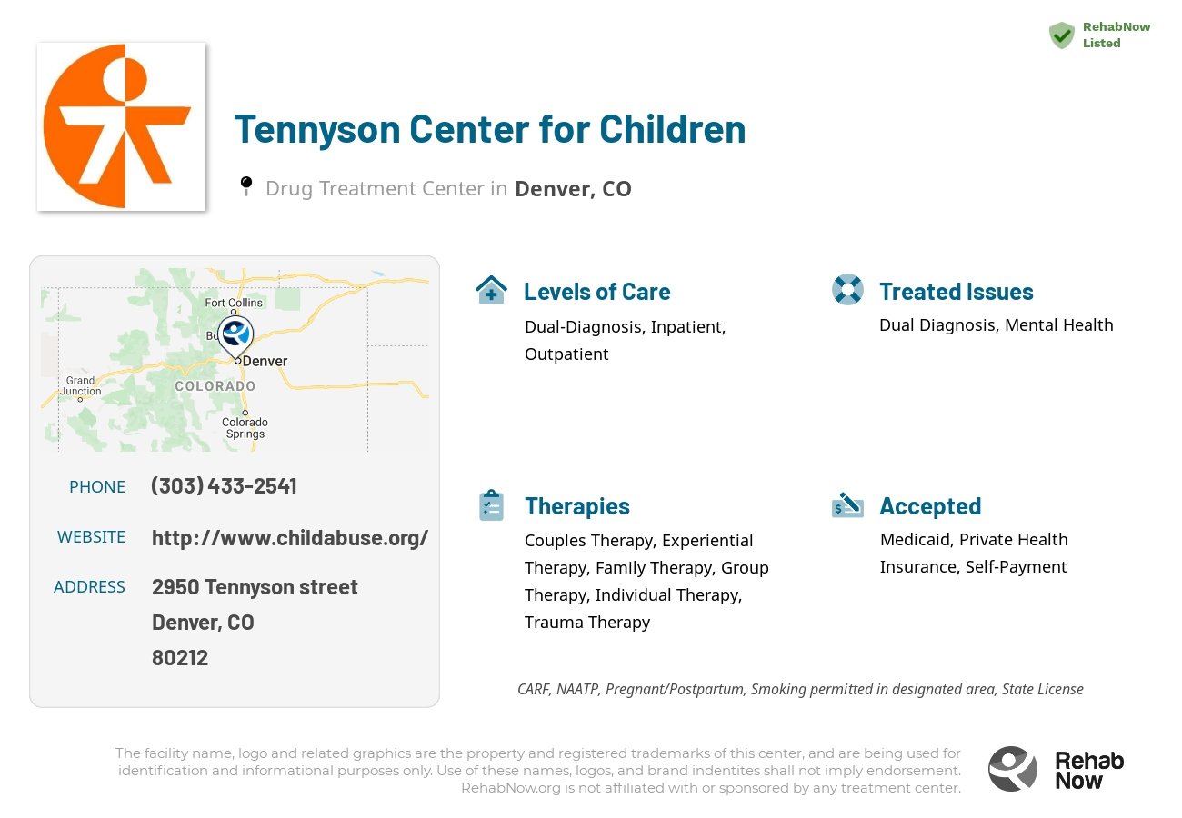 Helpful reference information for Tennyson Center for Children, a drug treatment center in Colorado located at: 2950 2950 Tennyson street, Denver, CO 80212, including phone numbers, official website, and more. Listed briefly is an overview of Levels of Care, Therapies Offered, Issues Treated, and accepted forms of Payment Methods.