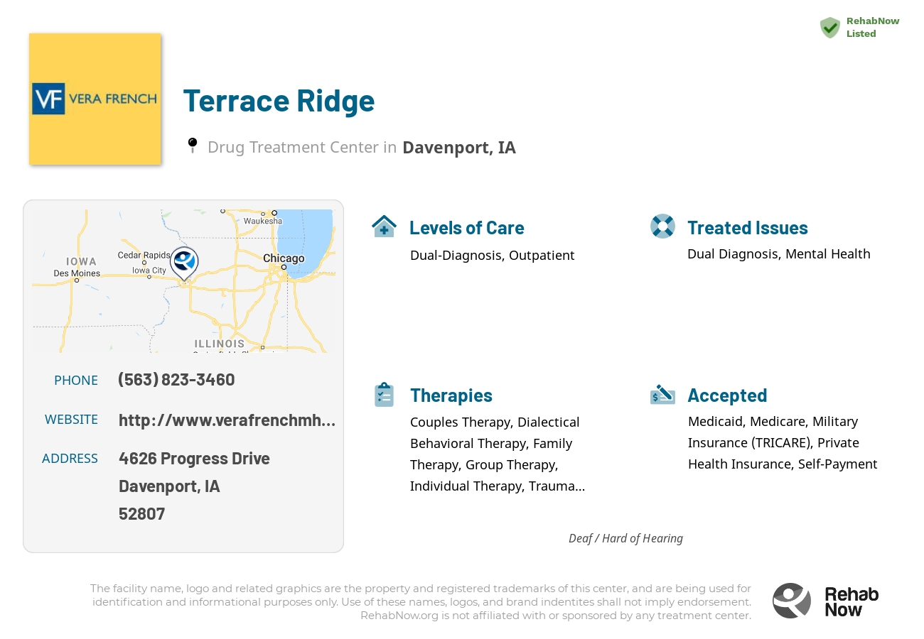 Helpful reference information for Terrace Ridge, a drug treatment center in Iowa located at: 4626 Progress Drive, Davenport, IA, 52807, including phone numbers, official website, and more. Listed briefly is an overview of Levels of Care, Therapies Offered, Issues Treated, and accepted forms of Payment Methods.