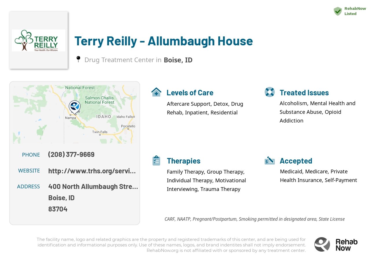 Helpful reference information for Terry Reilly - Allumbaugh House, a drug treatment center in Idaho located at: 400 North Allumbaugh Street, Boise, ID, 83704, including phone numbers, official website, and more. Listed briefly is an overview of Levels of Care, Therapies Offered, Issues Treated, and accepted forms of Payment Methods.