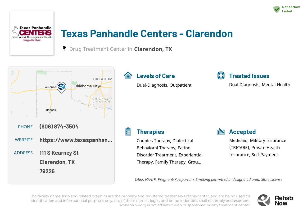 Helpful reference information for Texas Panhandle Centers - Clarendon, a drug treatment center in Texas located at: 111 S Kearney St, Clarendon, TX 79226, including phone numbers, official website, and more. Listed briefly is an overview of Levels of Care, Therapies Offered, Issues Treated, and accepted forms of Payment Methods.