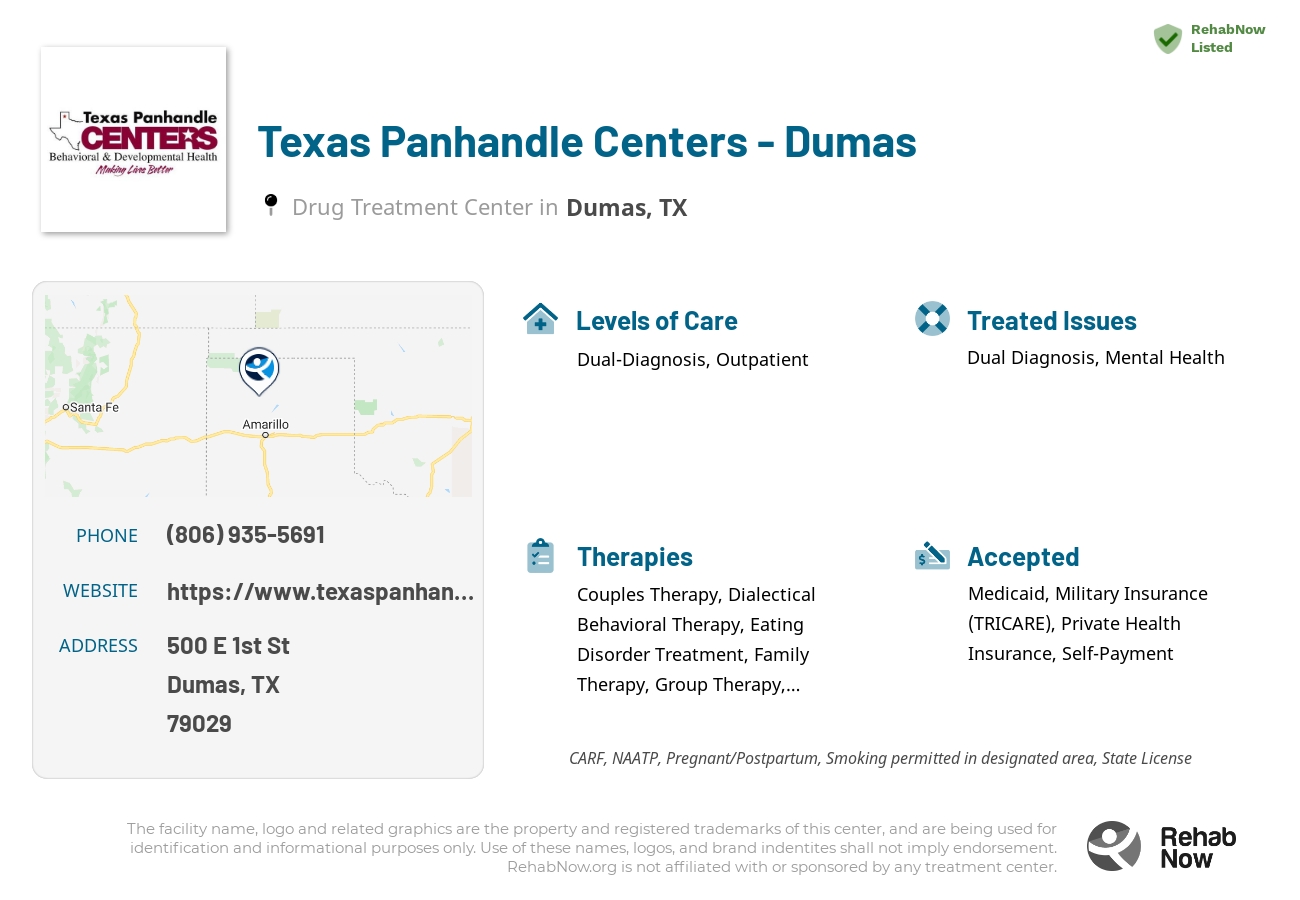 Helpful reference information for Texas Panhandle Centers - Dumas, a drug treatment center in Texas located at: 500 E 1st St, Dumas, TX 79029, including phone numbers, official website, and more. Listed briefly is an overview of Levels of Care, Therapies Offered, Issues Treated, and accepted forms of Payment Methods.