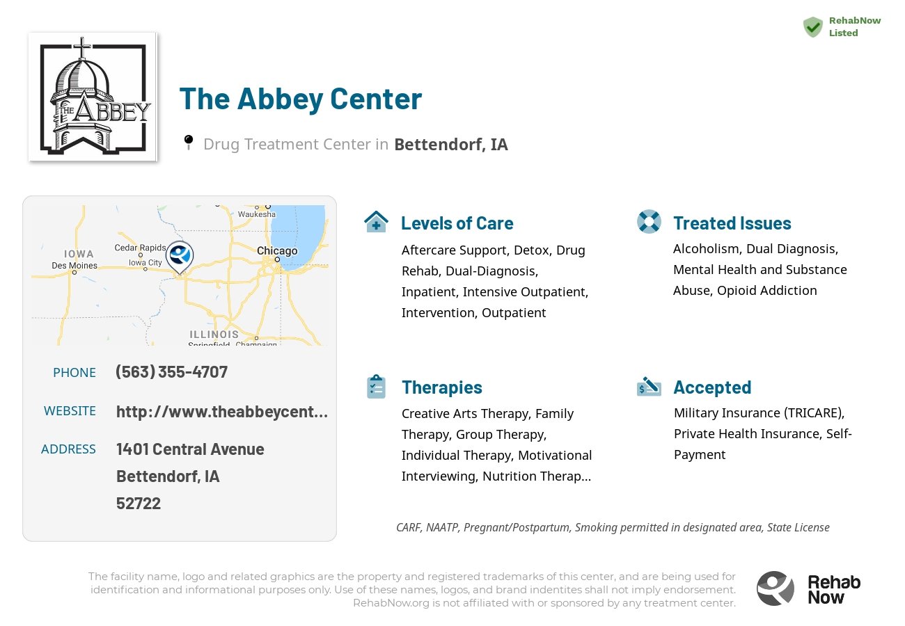 Helpful reference information for The Abbey Center, a drug treatment center in Iowa located at: 1401 Central Avenue, Bettendorf, IA, 52722, including phone numbers, official website, and more. Listed briefly is an overview of Levels of Care, Therapies Offered, Issues Treated, and accepted forms of Payment Methods.