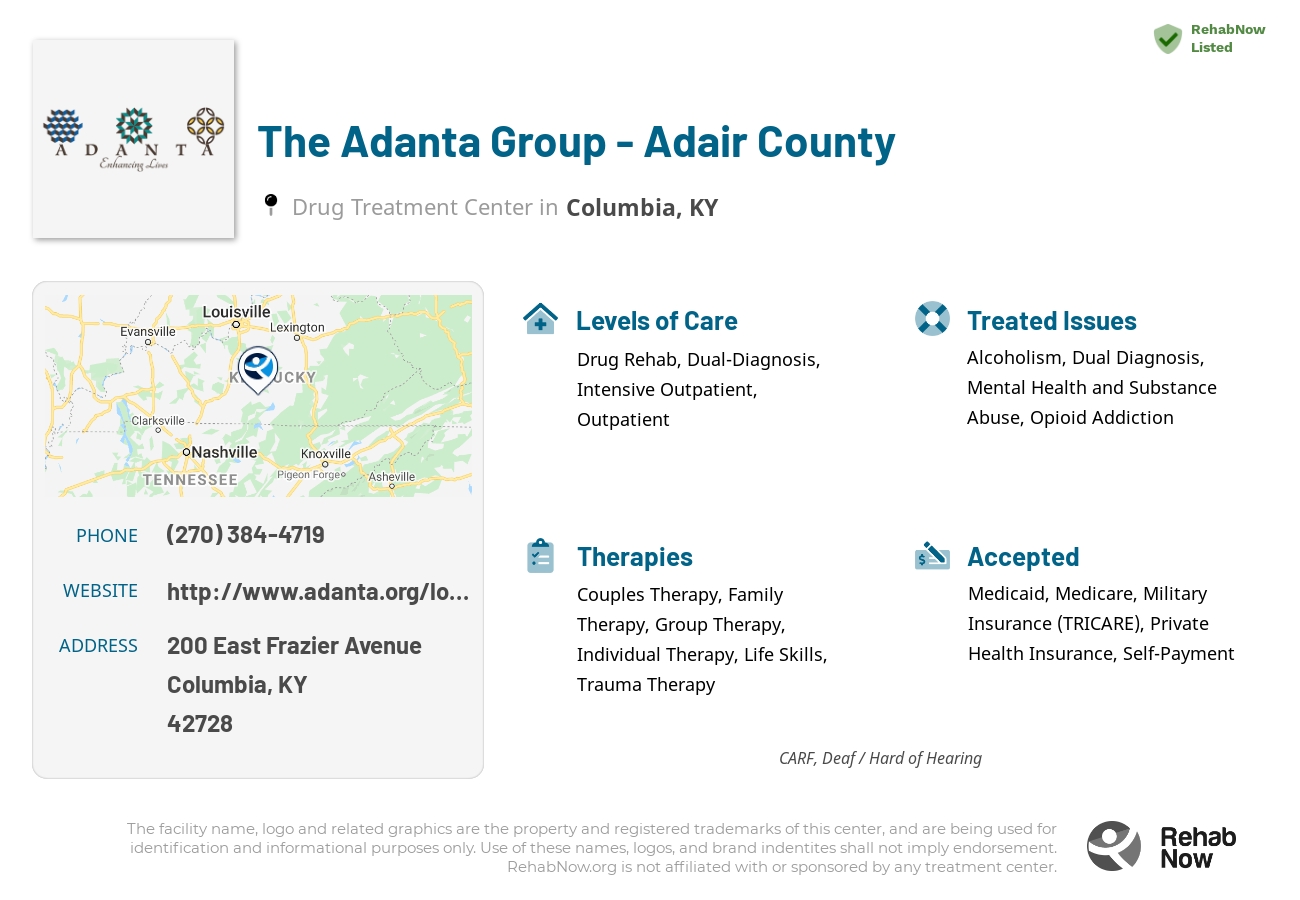 Helpful reference information for The Adanta Group - Adair County, a drug treatment center in Kentucky located at: 200 East Frazier Avenue, Columbia, KY, 42728, including phone numbers, official website, and more. Listed briefly is an overview of Levels of Care, Therapies Offered, Issues Treated, and accepted forms of Payment Methods.