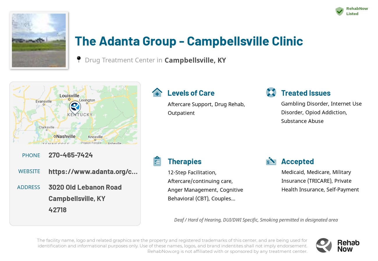 Helpful reference information for The Adanta Group - Campbellsville Clinic, a drug treatment center in Kentucky located at: 3020 Old Lebanon Road, Campbellsville, KY 42718, including phone numbers, official website, and more. Listed briefly is an overview of Levels of Care, Therapies Offered, Issues Treated, and accepted forms of Payment Methods.