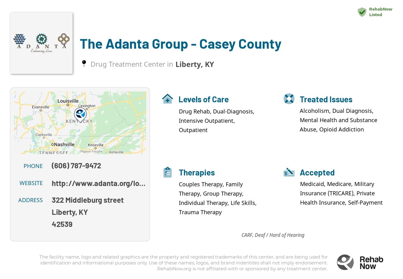 Helpful reference information for The Adanta Group - Casey County, a drug treatment center in Kentucky located at: 322 Middleburg street, Liberty, KY, 42539, including phone numbers, official website, and more. Listed briefly is an overview of Levels of Care, Therapies Offered, Issues Treated, and accepted forms of Payment Methods.
