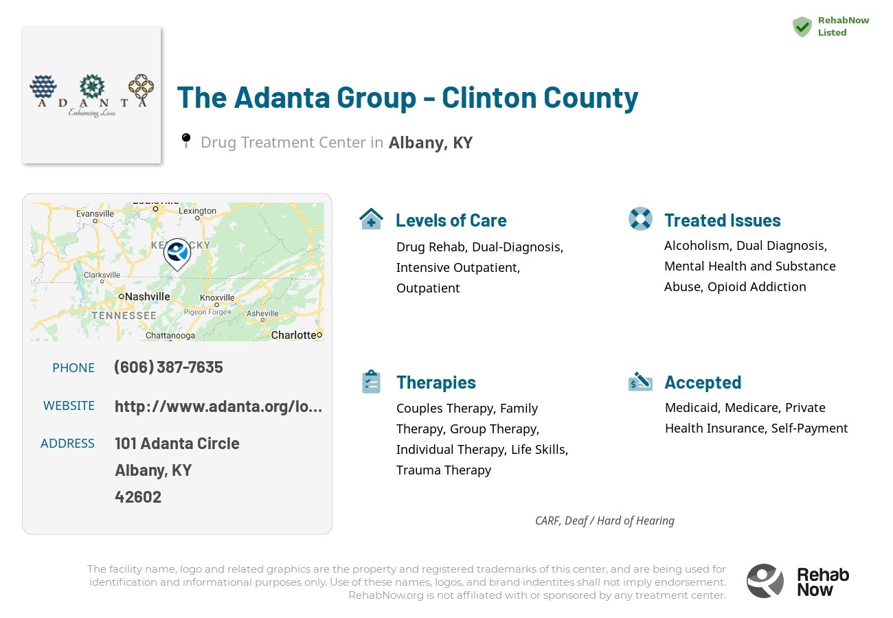 Helpful reference information for The Adanta Group - Clinton County, a drug treatment center in Kentucky located at: 101 Adanta Circle, Albany, KY, 42602, including phone numbers, official website, and more. Listed briefly is an overview of Levels of Care, Therapies Offered, Issues Treated, and accepted forms of Payment Methods.