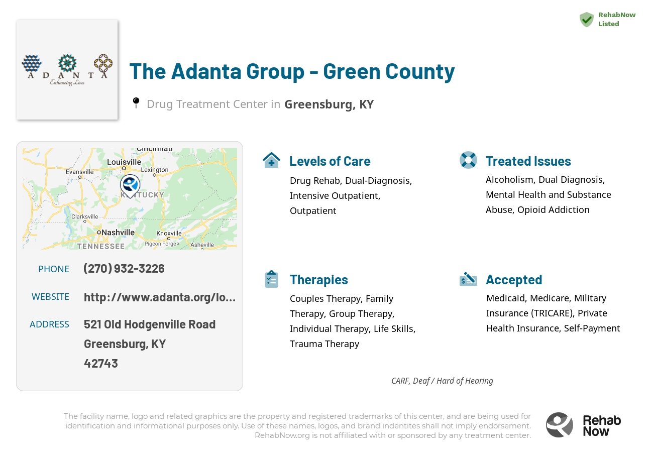 Helpful reference information for The Adanta Group - Green County, a drug treatment center in Kentucky located at: 521 Old Hodgenville Road, Greensburg, KY, 42743, including phone numbers, official website, and more. Listed briefly is an overview of Levels of Care, Therapies Offered, Issues Treated, and accepted forms of Payment Methods.