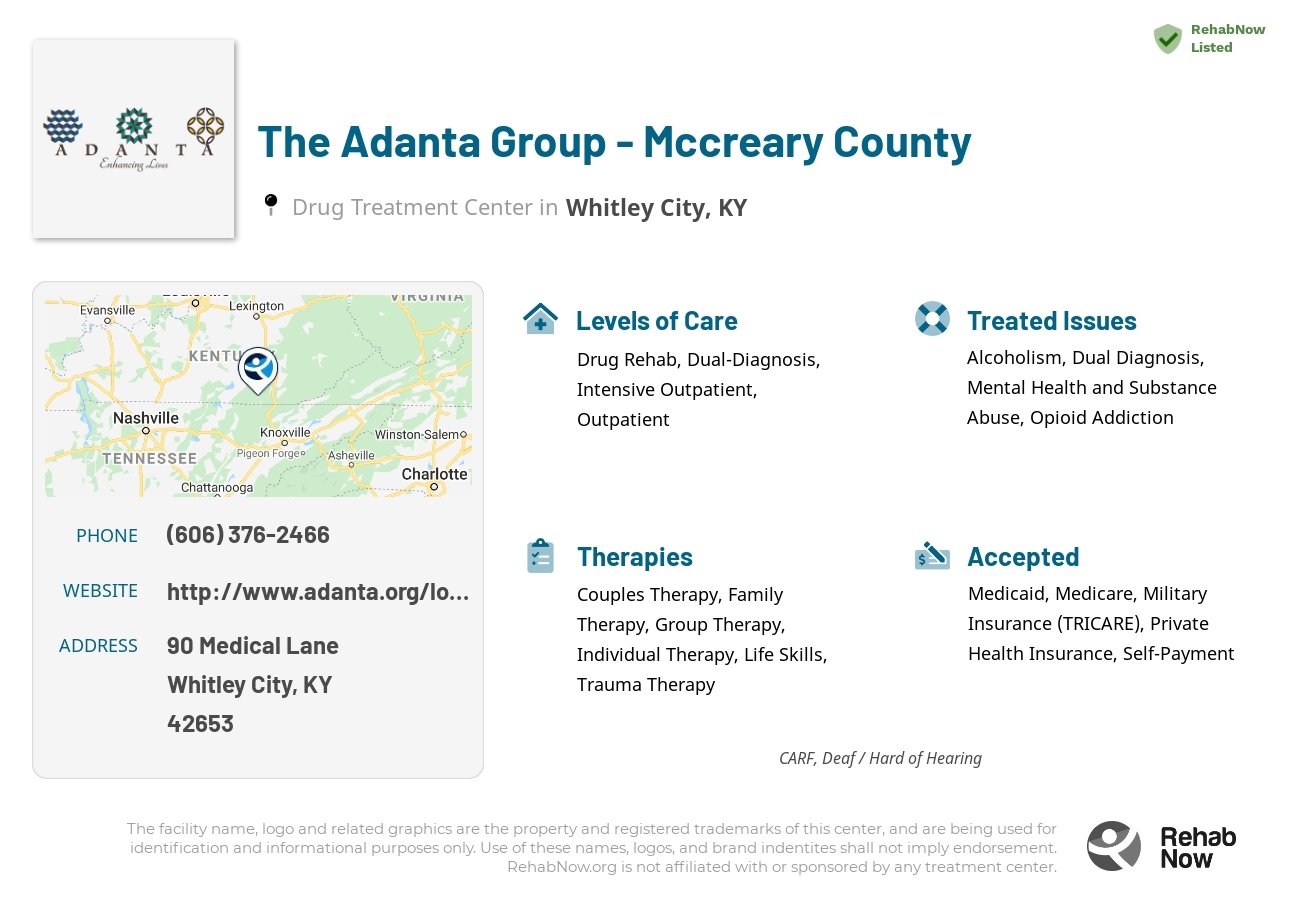 Helpful reference information for The Adanta Group - Mccreary County, a drug treatment center in Kentucky located at: 90 Medical Lane, Whitley City, KY, 42653, including phone numbers, official website, and more. Listed briefly is an overview of Levels of Care, Therapies Offered, Issues Treated, and accepted forms of Payment Methods.
