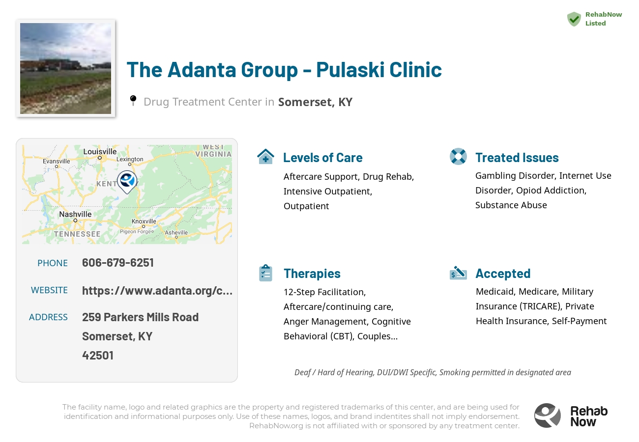 Helpful reference information for The Adanta Group - Pulaski Clinic, a drug treatment center in Kentucky located at: 259 Parkers Mills Road, Somerset, KY 42501, including phone numbers, official website, and more. Listed briefly is an overview of Levels of Care, Therapies Offered, Issues Treated, and accepted forms of Payment Methods.
