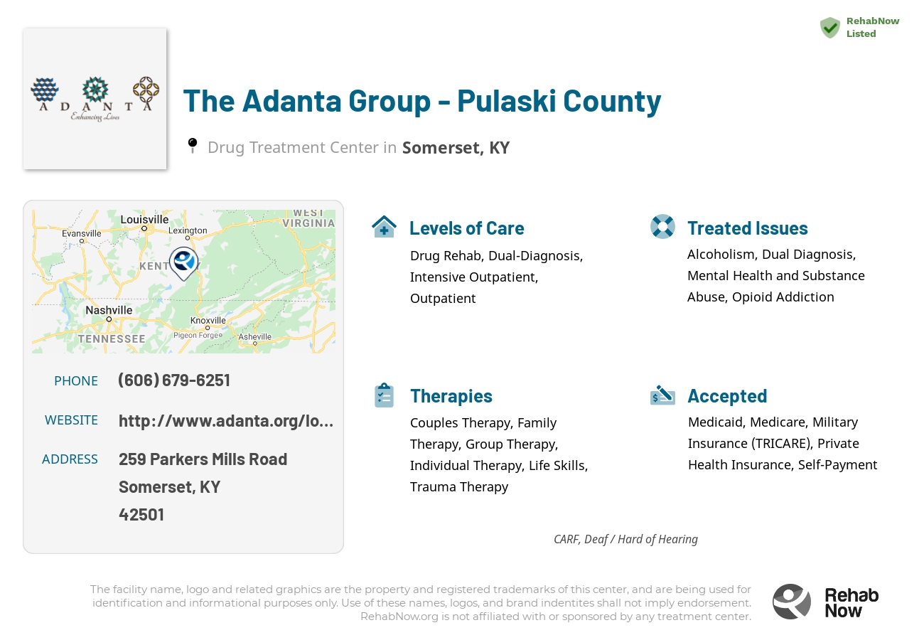 Helpful reference information for The Adanta Group - Pulaski County, a drug treatment center in Kentucky located at: 259 Parkers Mills Road, Somerset, KY, 42501, including phone numbers, official website, and more. Listed briefly is an overview of Levels of Care, Therapies Offered, Issues Treated, and accepted forms of Payment Methods.