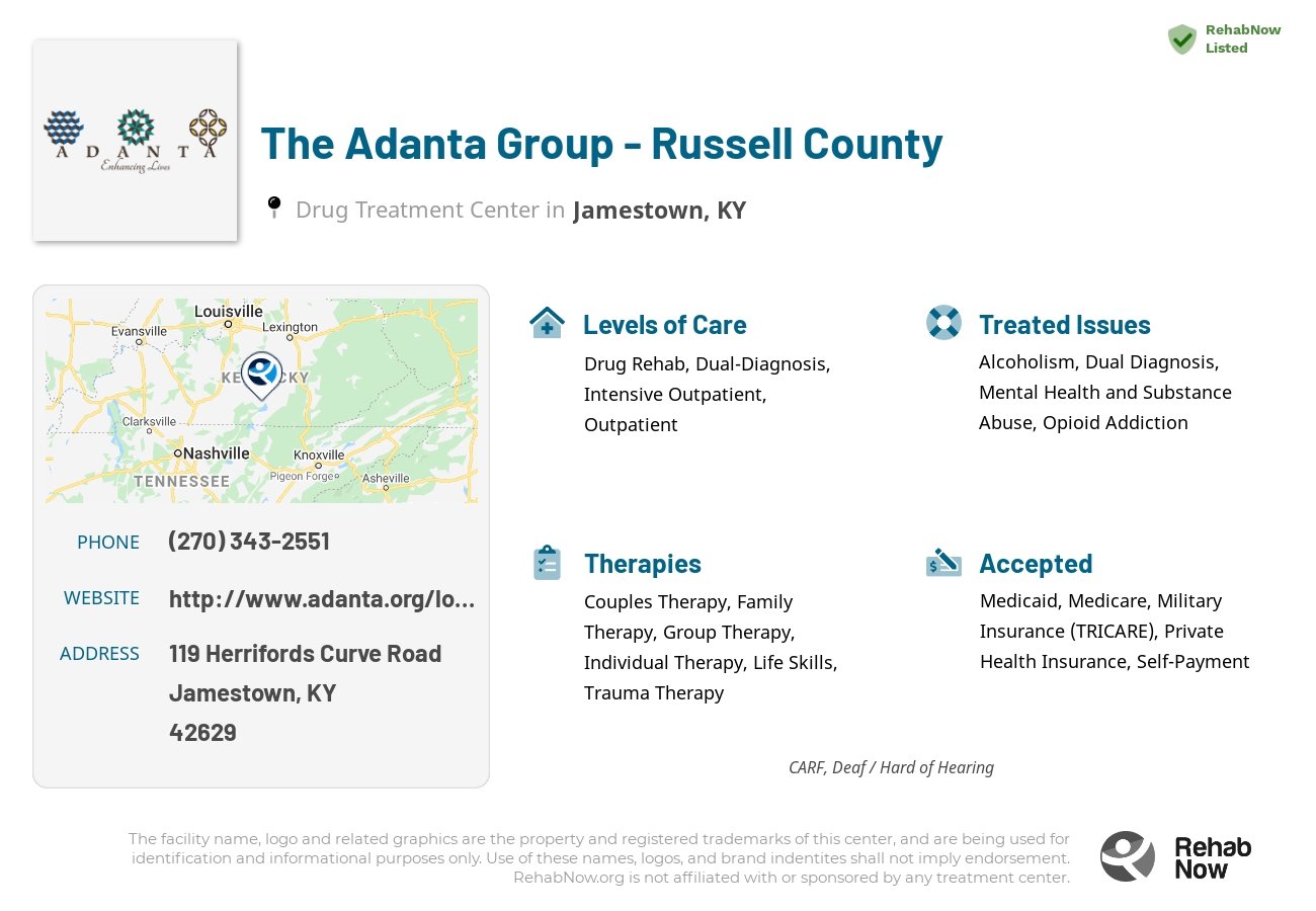 Helpful reference information for The Adanta Group - Russell County, a drug treatment center in Kentucky located at: 119 Herrifords Curve Road, Jamestown, KY, 42629, including phone numbers, official website, and more. Listed briefly is an overview of Levels of Care, Therapies Offered, Issues Treated, and accepted forms of Payment Methods.