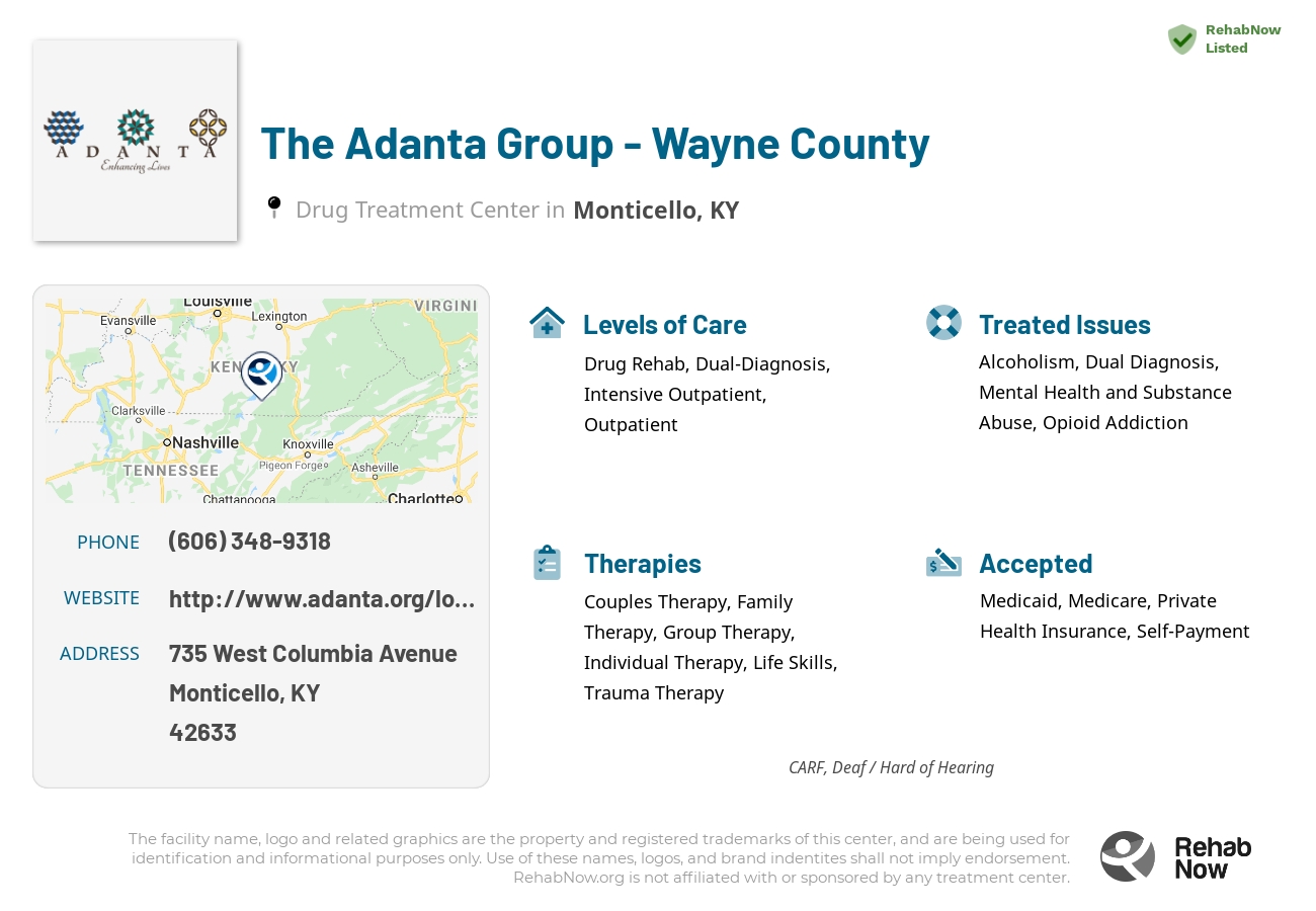 Helpful reference information for The Adanta Group - Wayne County, a drug treatment center in Kentucky located at: 735 West Columbia Avenue, Monticello, KY, 42633, including phone numbers, official website, and more. Listed briefly is an overview of Levels of Care, Therapies Offered, Issues Treated, and accepted forms of Payment Methods.