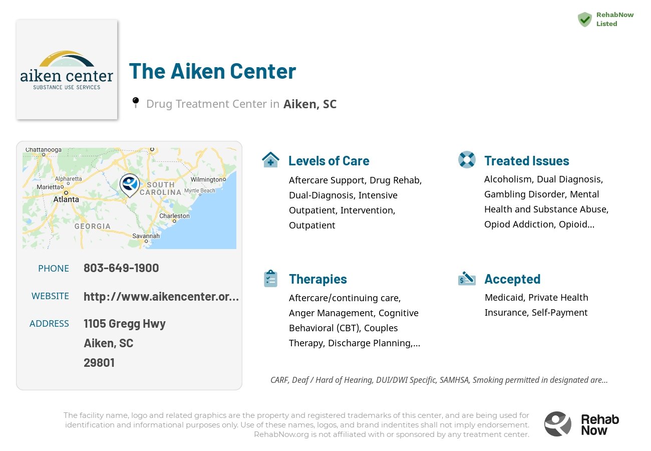 Helpful reference information for The Aiken Center, a drug treatment center in South Carolina located at: 1105 Gregg Hwy, Aiken, SC 29801, including phone numbers, official website, and more. Listed briefly is an overview of Levels of Care, Therapies Offered, Issues Treated, and accepted forms of Payment Methods.