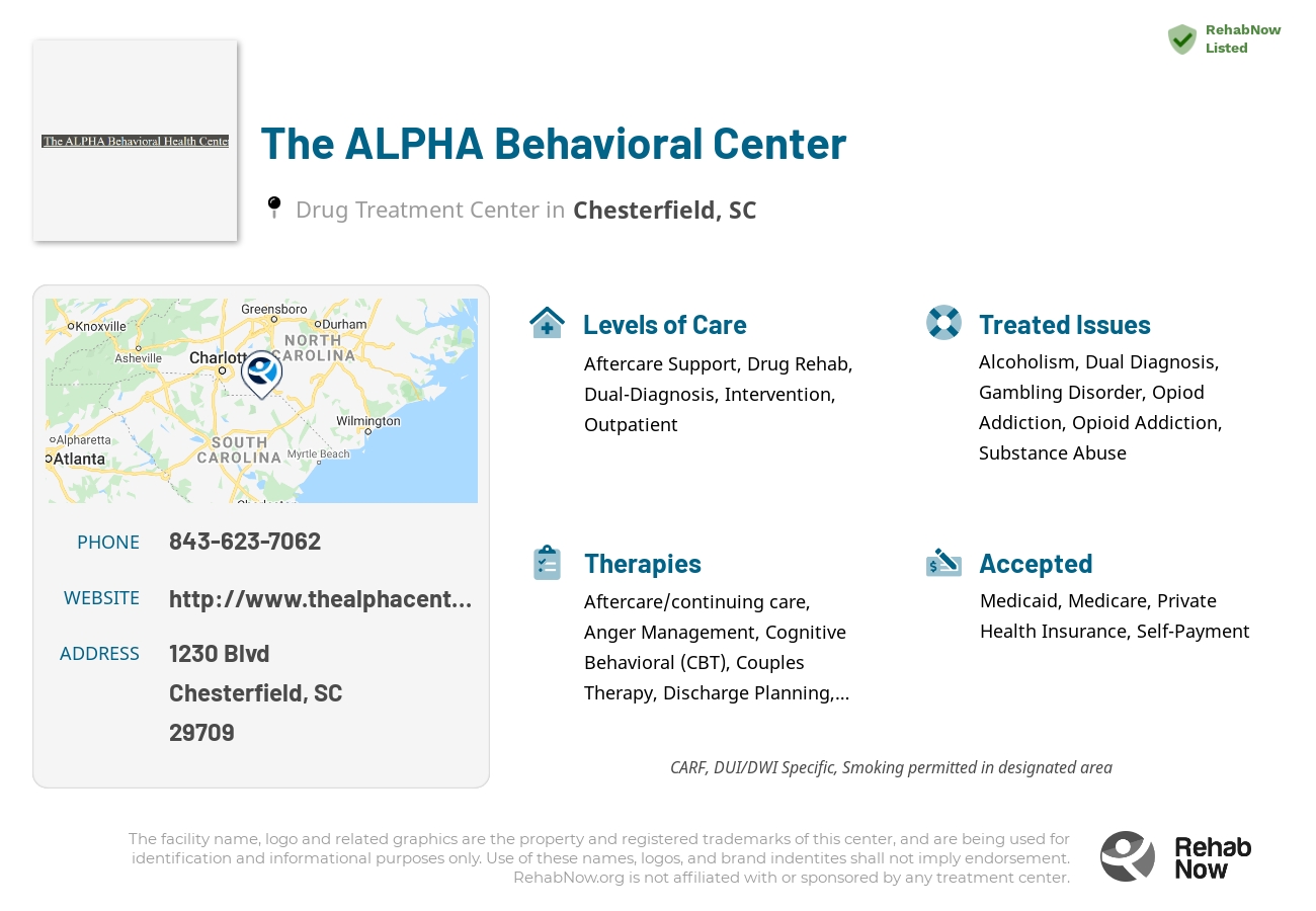 Helpful reference information for The ALPHA Behavioral Center, a drug treatment center in South Carolina located at: 1230 Blvd, Chesterfield, SC 29709, including phone numbers, official website, and more. Listed briefly is an overview of Levels of Care, Therapies Offered, Issues Treated, and accepted forms of Payment Methods.