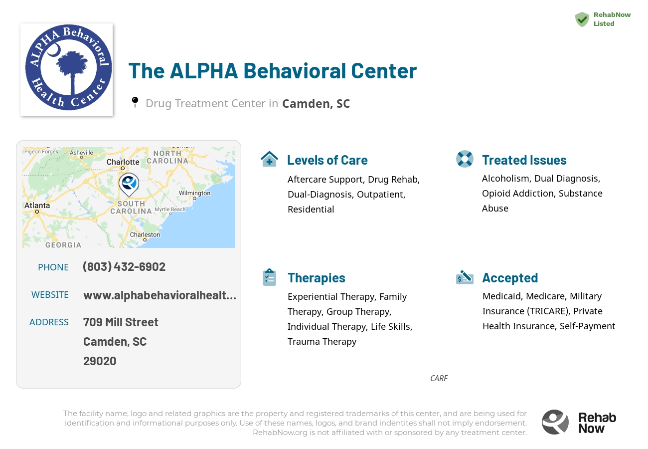 Helpful reference information for The ALPHA Behavioral Center, a drug treatment center in South Carolina located at: 709 709 Mill Street, Camden, SC 29020, including phone numbers, official website, and more. Listed briefly is an overview of Levels of Care, Therapies Offered, Issues Treated, and accepted forms of Payment Methods.