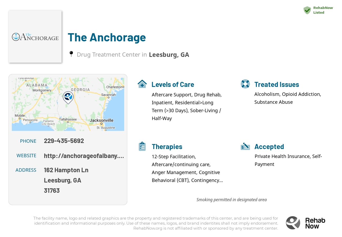 Helpful reference information for The Anchorage, a drug treatment center in Georgia located at: 162 Hampton Ln, Leesburg, GA 31763, including phone numbers, official website, and more. Listed briefly is an overview of Levels of Care, Therapies Offered, Issues Treated, and accepted forms of Payment Methods.