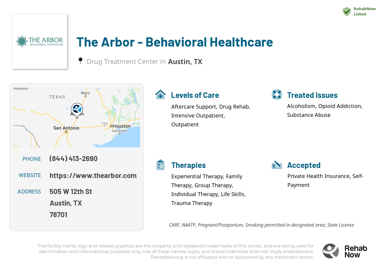 Helpful reference information for The Arbor - Behavioral Healthcare, a drug treatment center in Texas located at: 505 W 12th St, Austin, TX 78701, including phone numbers, official website, and more. Listed briefly is an overview of Levels of Care, Therapies Offered, Issues Treated, and accepted forms of Payment Methods.