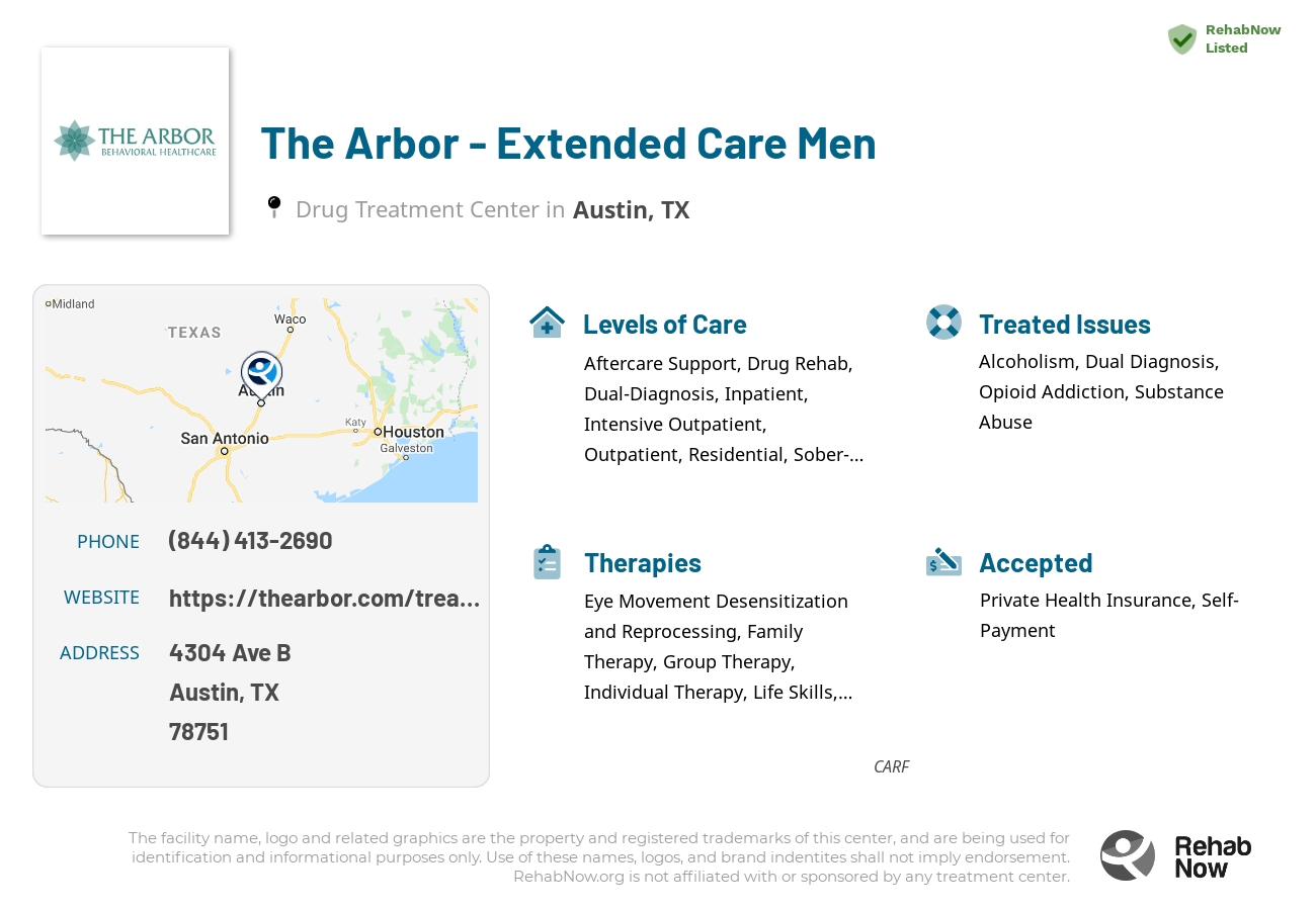 Helpful reference information for The Arbor - Extended Care Men, a drug treatment center in Texas located at: 4304 Ave B, Austin, TX 78751, including phone numbers, official website, and more. Listed briefly is an overview of Levels of Care, Therapies Offered, Issues Treated, and accepted forms of Payment Methods.