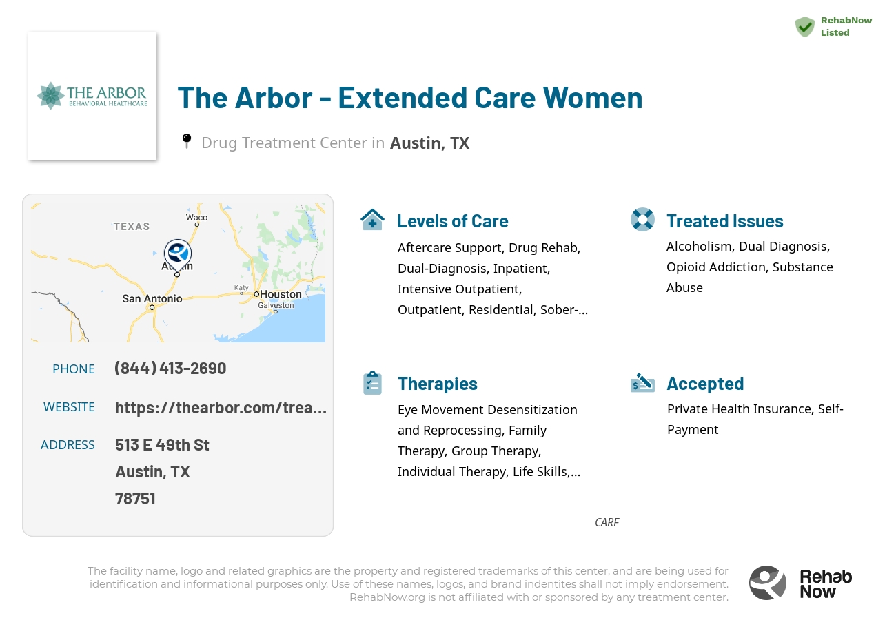 Helpful reference information for The Arbor - Extended Care Women, a drug treatment center in Texas located at: 513 E 49th St, Austin, TX 78751, including phone numbers, official website, and more. Listed briefly is an overview of Levels of Care, Therapies Offered, Issues Treated, and accepted forms of Payment Methods.