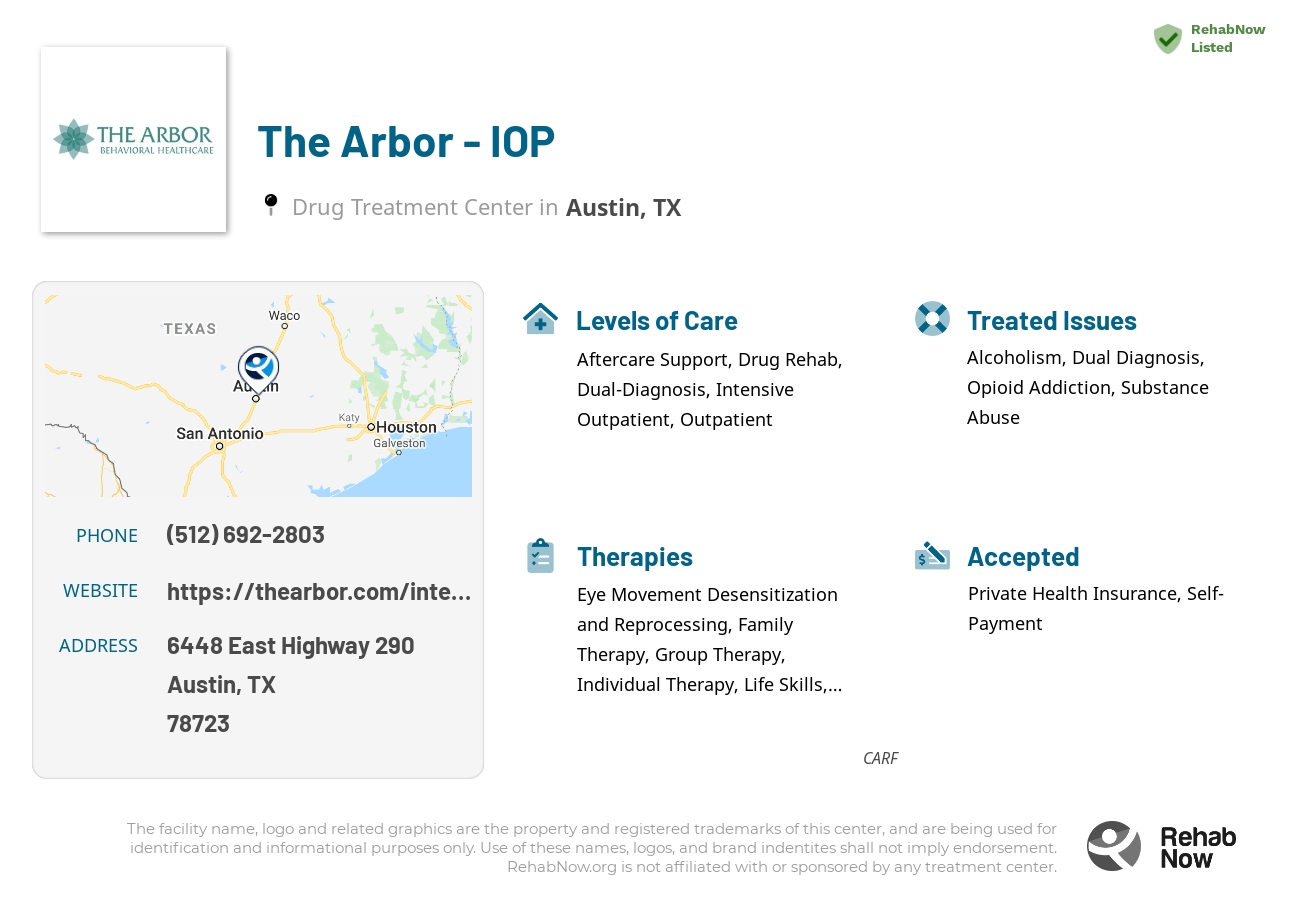 Helpful reference information for The Arbor - IOP, a drug treatment center in Texas located at: 6448 East Highway 290, Austin, TX, 78723, including phone numbers, official website, and more. Listed briefly is an overview of Levels of Care, Therapies Offered, Issues Treated, and accepted forms of Payment Methods.