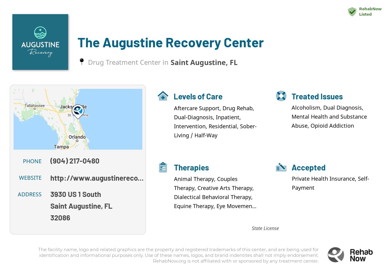 Helpful reference information for The Augustine Recovery Center, a drug treatment center in Florida located at: 3930 US 1 South, Saint Augustine, FL, 32086, including phone numbers, official website, and more. Listed briefly is an overview of Levels of Care, Therapies Offered, Issues Treated, and accepted forms of Payment Methods.