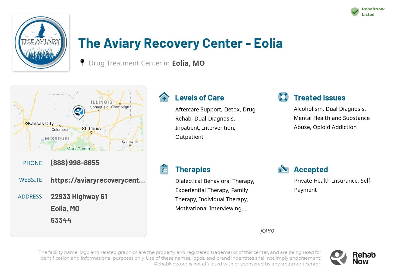 Helpful reference information for The Aviary Recovery Center - Eolia, a drug treatment center in Missouri located at: 22933 Highway 61, Eolia, MO, 63344, including phone numbers, official website, and more. Listed briefly is an overview of Levels of Care, Therapies Offered, Issues Treated, and accepted forms of Payment Methods.
