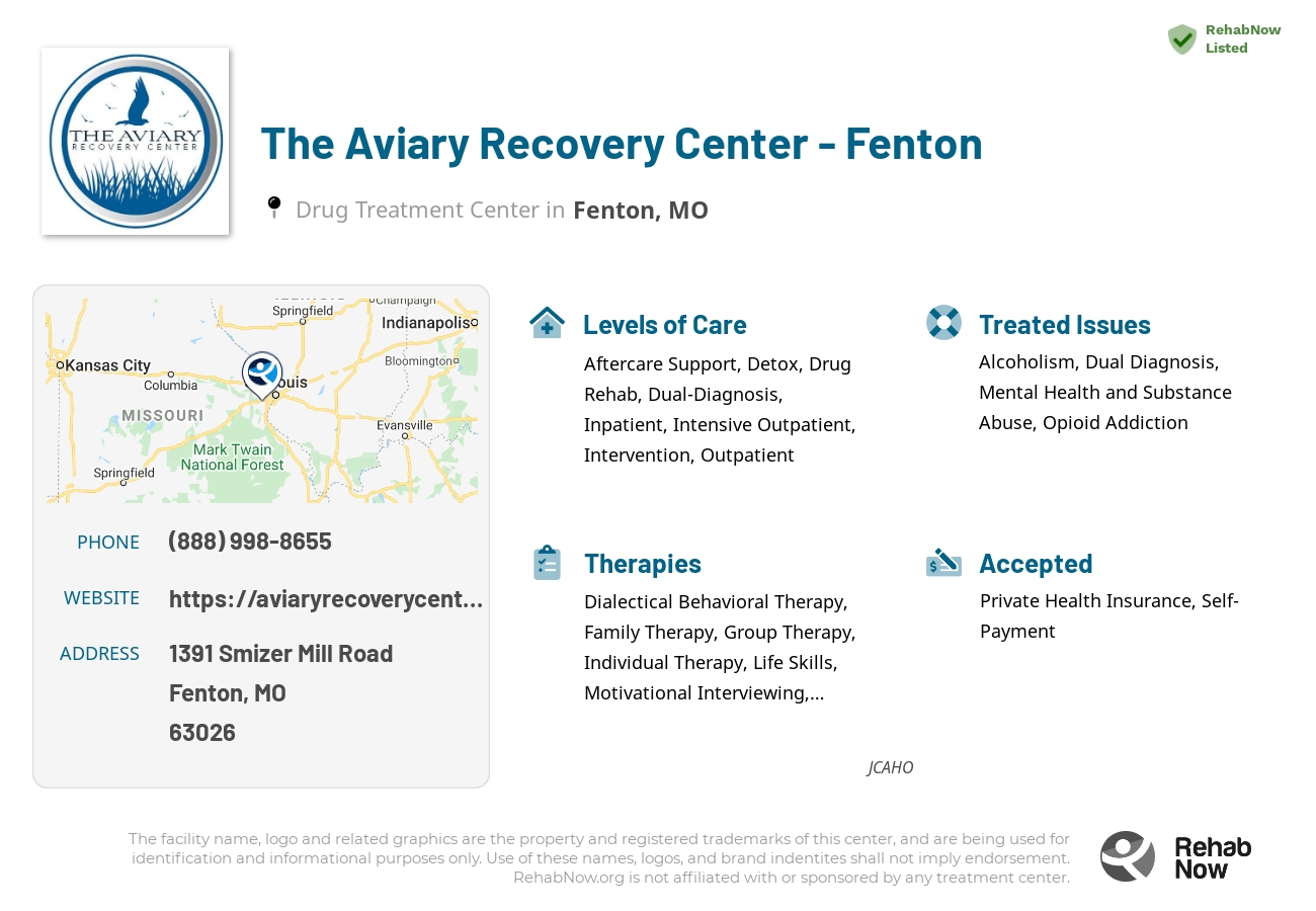 Helpful reference information for The Aviary Recovery Center - Fenton, a drug treatment center in Missouri located at: 1391 Smizer Mill Road, Fenton, MO, 63026, including phone numbers, official website, and more. Listed briefly is an overview of Levels of Care, Therapies Offered, Issues Treated, and accepted forms of Payment Methods.