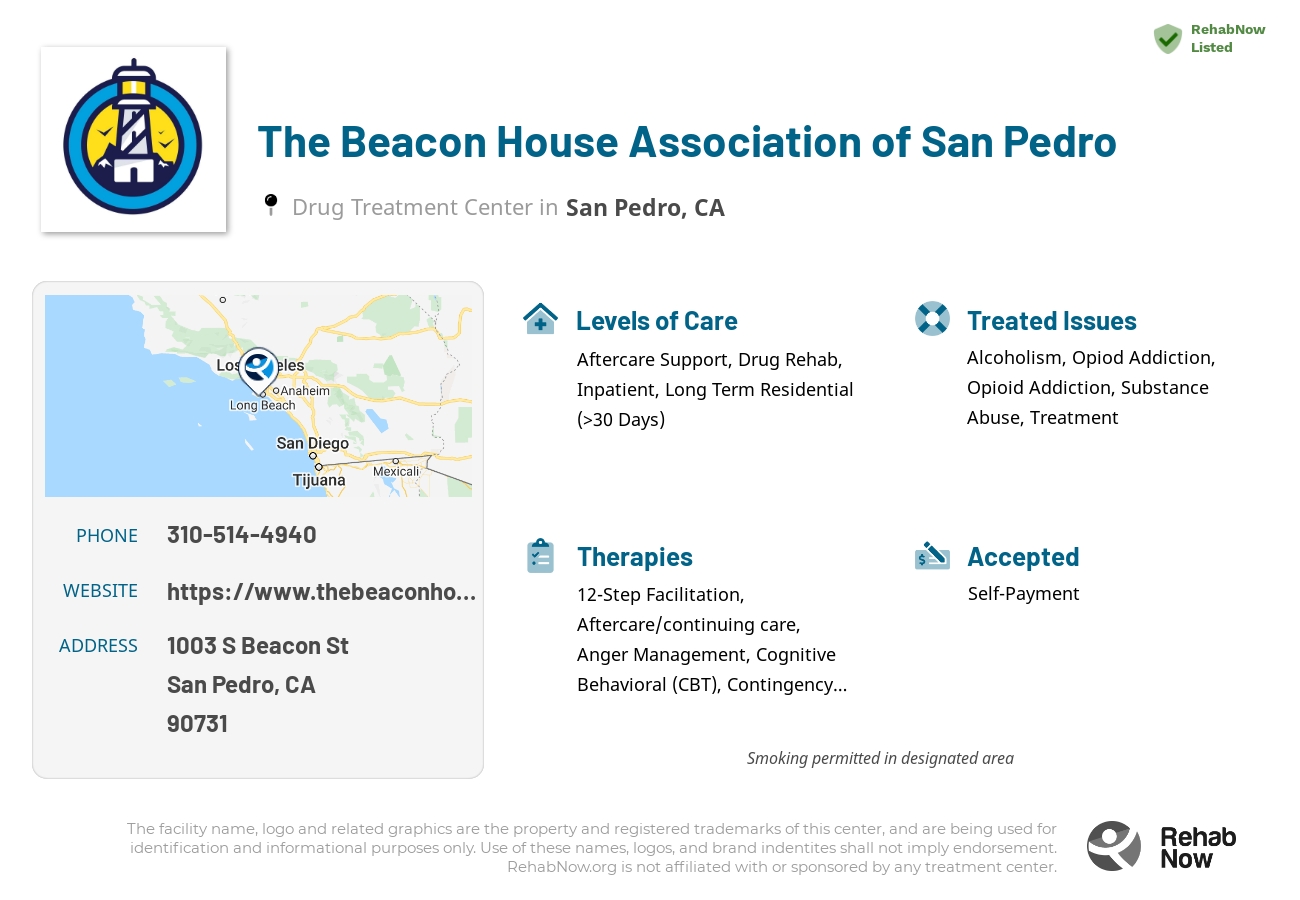 Helpful reference information for The Beacon House Association of San Pedro, a drug treatment center in California located at: 1003 S Beacon St, San Pedro, CA 90731, including phone numbers, official website, and more. Listed briefly is an overview of Levels of Care, Therapies Offered, Issues Treated, and accepted forms of Payment Methods.