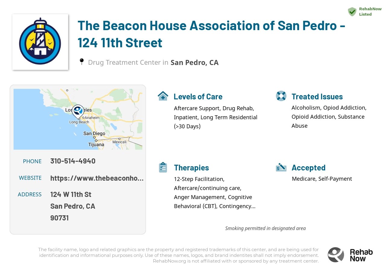 Helpful reference information for The Beacon House Association of San Pedro - 124 11th Street, a drug treatment center in California located at: 124 W 11th St, San Pedro, CA 90731, including phone numbers, official website, and more. Listed briefly is an overview of Levels of Care, Therapies Offered, Issues Treated, and accepted forms of Payment Methods.