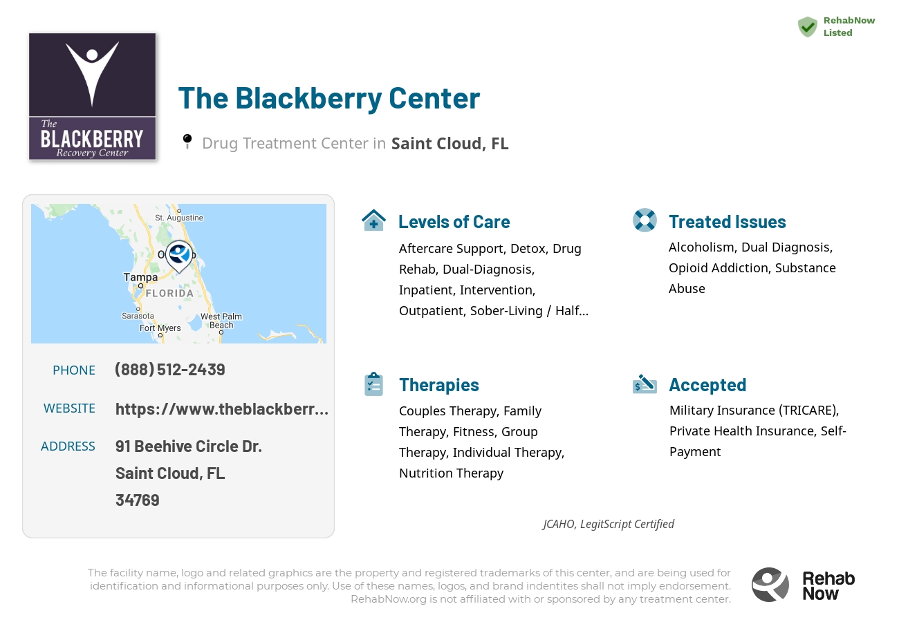 Helpful reference information for The Blackberry Center, a drug treatment center in Florida located at: 91 Beehive Circle Dr., Saint Cloud, FL, 34769, including phone numbers, official website, and more. Listed briefly is an overview of Levels of Care, Therapies Offered, Issues Treated, and accepted forms of Payment Methods.