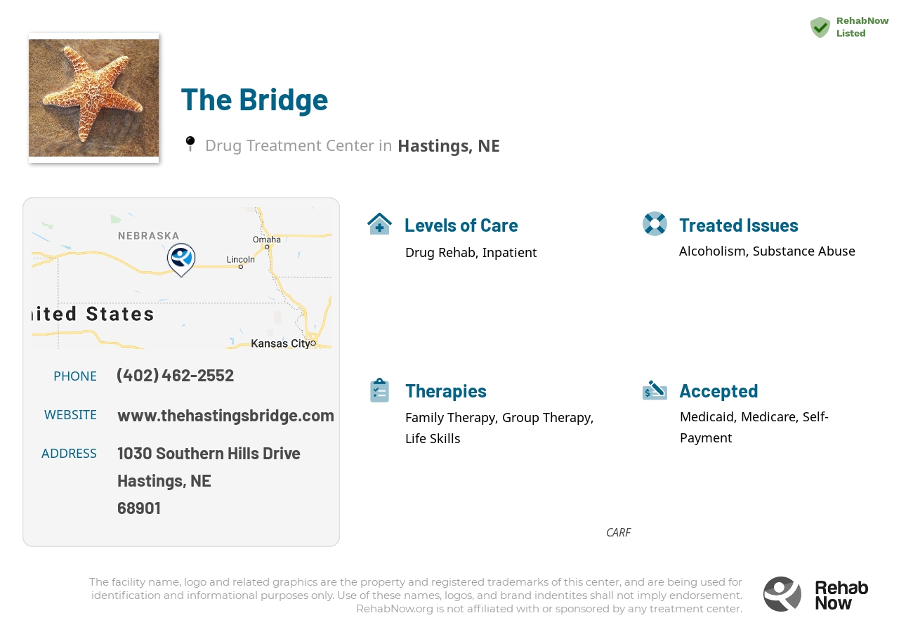 Helpful reference information for The Bridge, a drug treatment center in Nebraska located at: 1030 Southern Hills Drive, Hastings, NE, 68901, including phone numbers, official website, and more. Listed briefly is an overview of Levels of Care, Therapies Offered, Issues Treated, and accepted forms of Payment Methods.