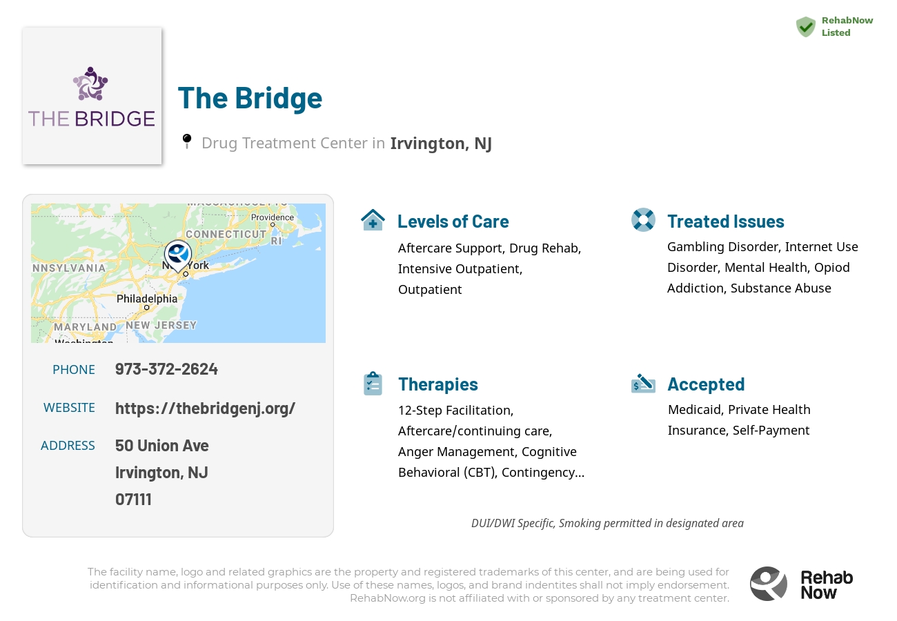 Helpful reference information for The Bridge, a drug treatment center in Oklahoma located at: 50 Union Ave, Irvington, NJ 07111, including phone numbers, official website, and more. Listed briefly is an overview of Levels of Care, Therapies Offered, Issues Treated, and accepted forms of Payment Methods.