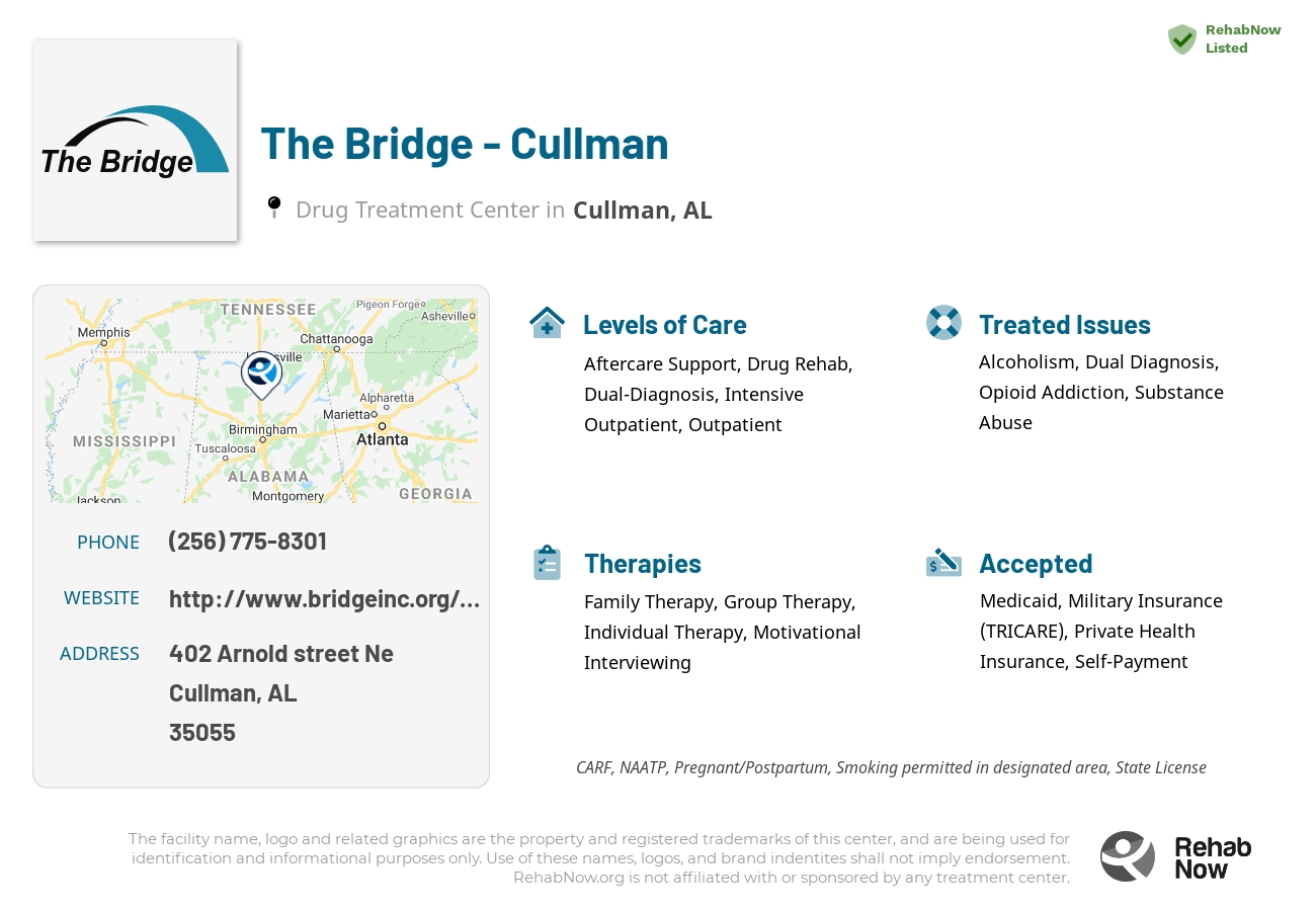 Helpful reference information for The Bridge - Cullman, a drug treatment center in Alabama located at: 402 Arnold street Ne, Cullman, AL, 35055, including phone numbers, official website, and more. Listed briefly is an overview of Levels of Care, Therapies Offered, Issues Treated, and accepted forms of Payment Methods.