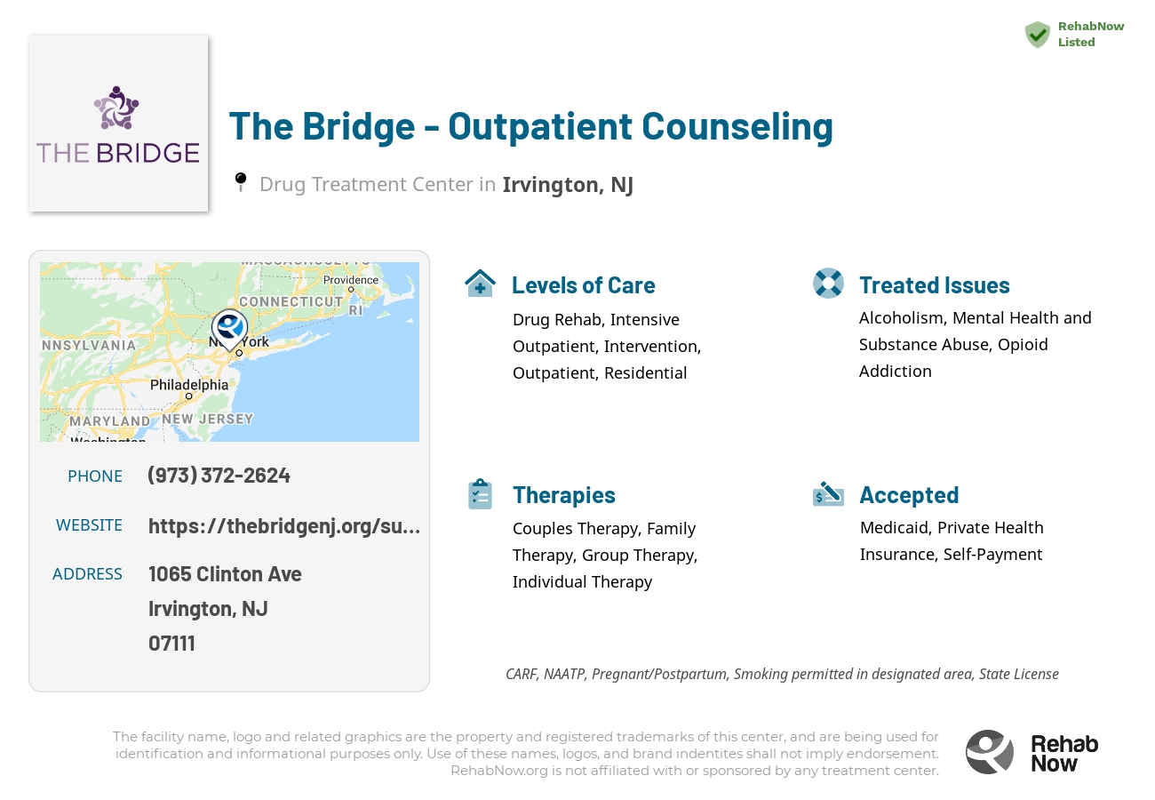 Helpful reference information for The Bridge - Outpatient Counseling, a drug treatment center in New Jersey located at: 1065 Clinton Ave, Irvington, NJ 07111, including phone numbers, official website, and more. Listed briefly is an overview of Levels of Care, Therapies Offered, Issues Treated, and accepted forms of Payment Methods.