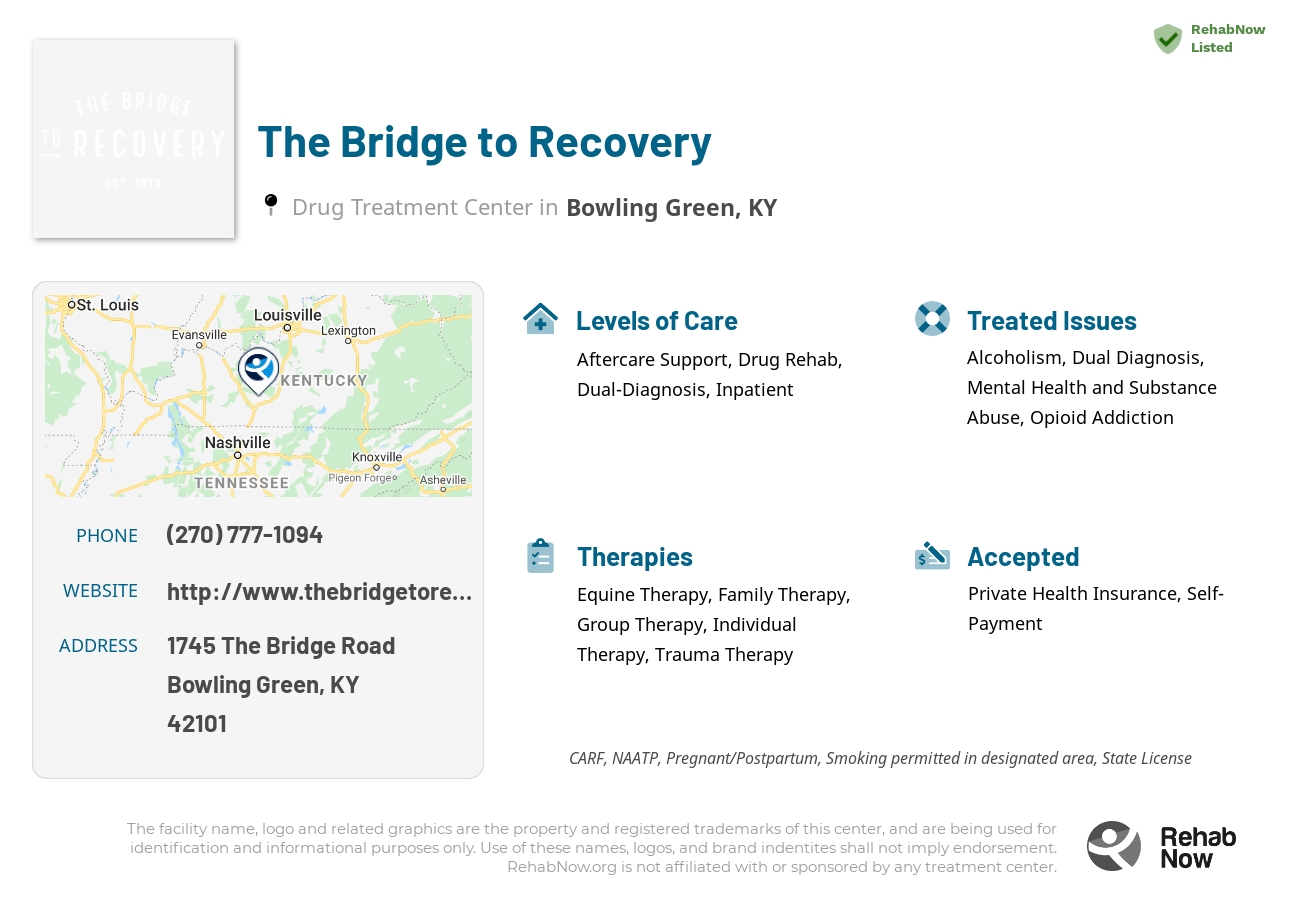 Helpful reference information for The Bridge to Recovery, a drug treatment center in Kentucky located at: 1745 The Bridge Road, Bowling Green, KY, 42101, including phone numbers, official website, and more. Listed briefly is an overview of Levels of Care, Therapies Offered, Issues Treated, and accepted forms of Payment Methods.
