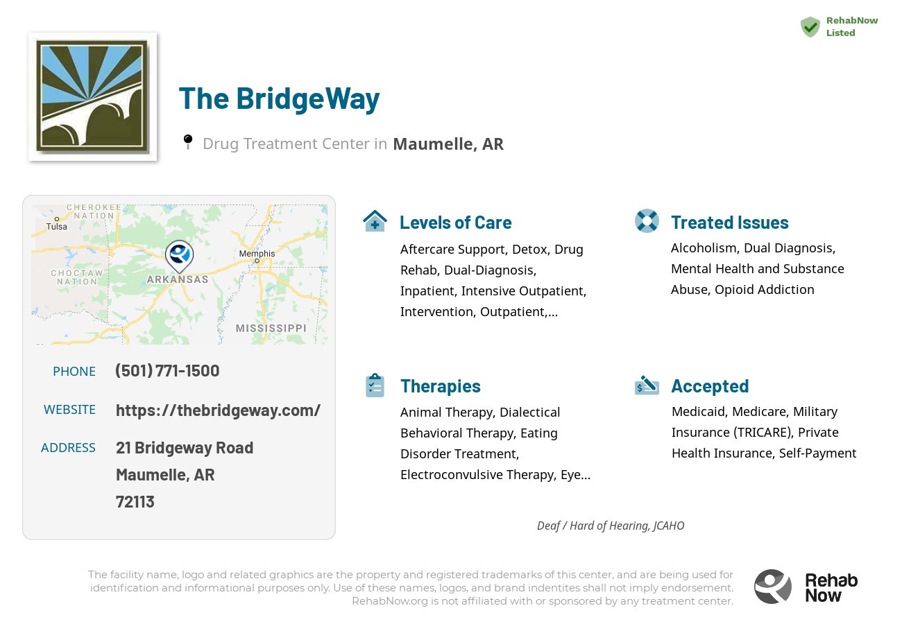 Helpful reference information for The BridgeWay, a drug treatment center in Arkansas located at: 21 Bridgeway Road, Maumelle, AR, 72113, including phone numbers, official website, and more. Listed briefly is an overview of Levels of Care, Therapies Offered, Issues Treated, and accepted forms of Payment Methods.