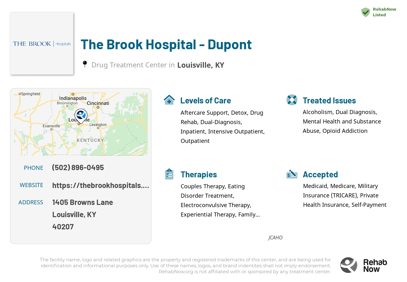 Helpful reference information for The Brook Hospital - Dupont, a drug treatment center in Kentucky located at: 1405 Browns Lane, Louisville, KY, 40207, including phone numbers, official website, and more. Listed briefly is an overview of Levels of Care, Therapies Offered, Issues Treated, and accepted forms of Payment Methods.