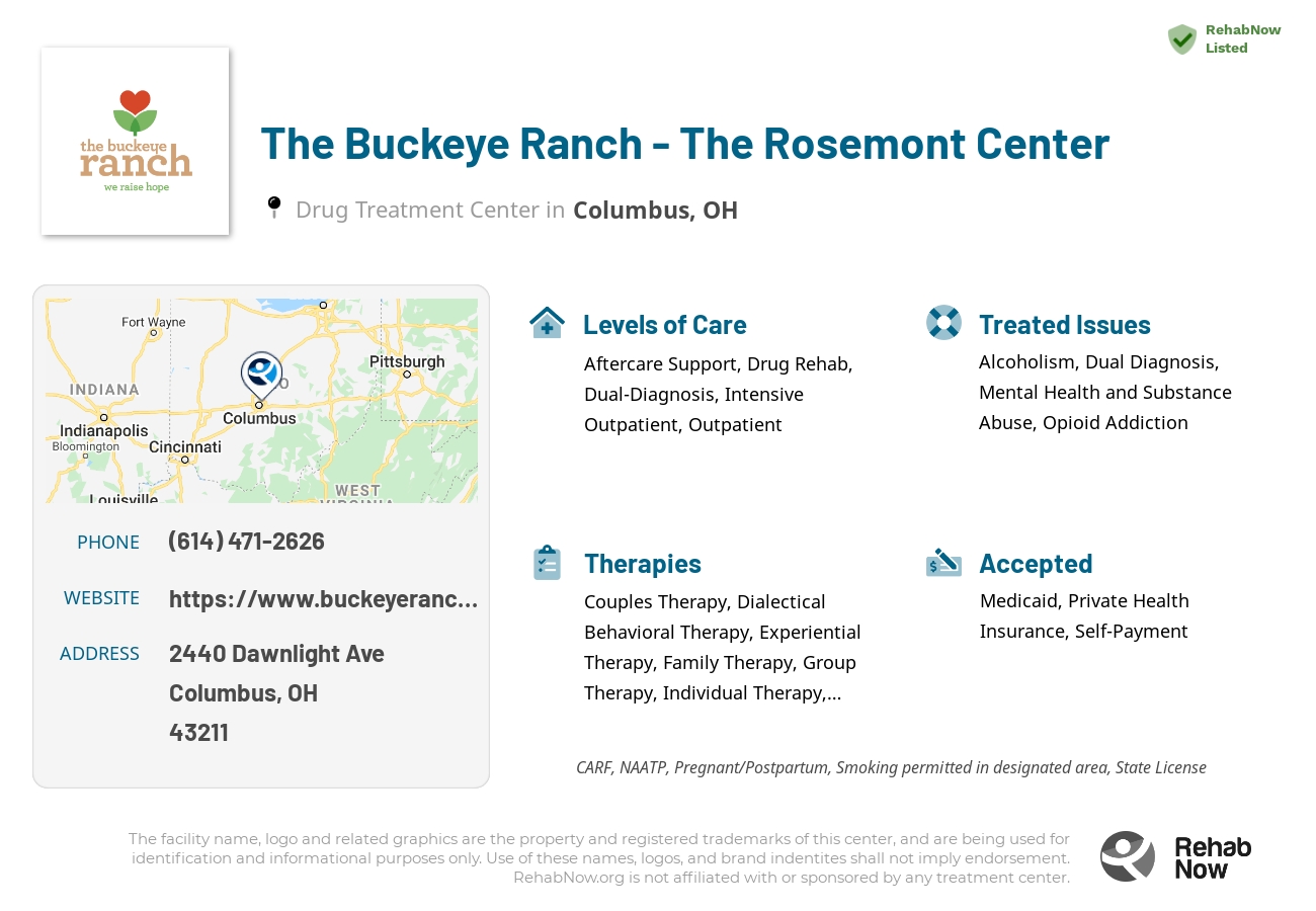 Helpful reference information for The Buckeye Ranch - The Rosemont Center, a drug treatment center in Ohio located at: 2440 Dawnlight Ave, Columbus, OH 43211, including phone numbers, official website, and more. Listed briefly is an overview of Levels of Care, Therapies Offered, Issues Treated, and accepted forms of Payment Methods.