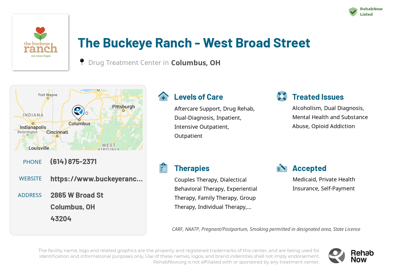 Helpful reference information for The Buckeye Ranch - West Broad Street, a drug treatment center in Ohio located at: 2865 W Broad St, Columbus, OH 43204, including phone numbers, official website, and more. Listed briefly is an overview of Levels of Care, Therapies Offered, Issues Treated, and accepted forms of Payment Methods.