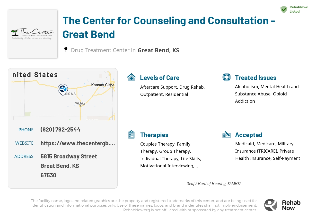 Helpful reference information for The Center for Counseling and Consultation - Great Bend, a drug treatment center in Kansas located at: 5815 Broadway Street, Great Bend, KS, 67530, including phone numbers, official website, and more. Listed briefly is an overview of Levels of Care, Therapies Offered, Issues Treated, and accepted forms of Payment Methods.
