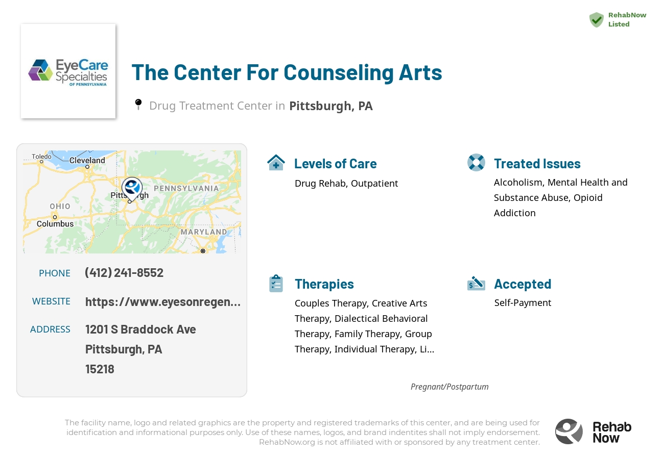 Helpful reference information for The Center For Counseling Arts, a drug treatment center in Pennsylvania located at: 1201 S Braddock Ave, Pittsburgh, PA 15218, including phone numbers, official website, and more. Listed briefly is an overview of Levels of Care, Therapies Offered, Issues Treated, and accepted forms of Payment Methods.