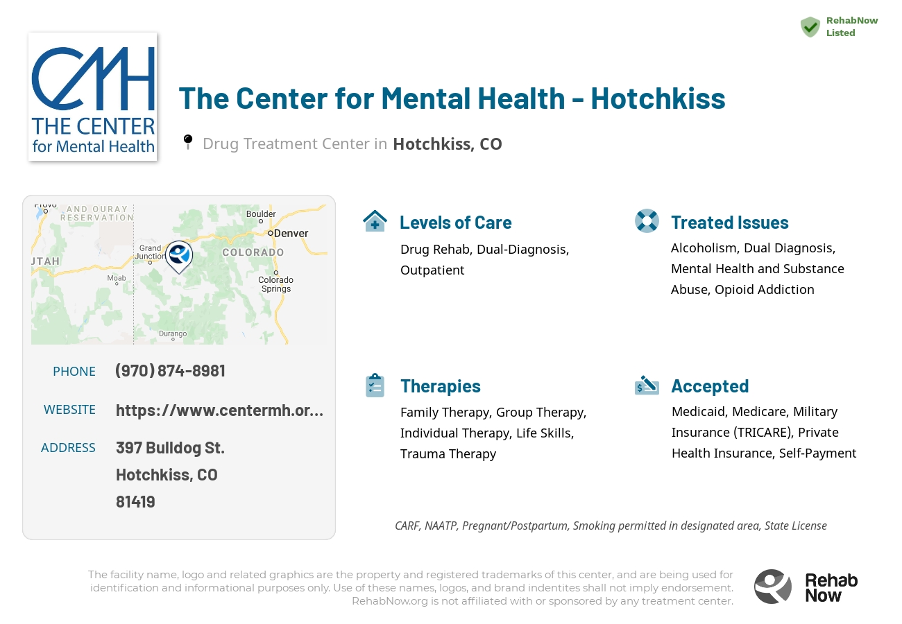 Helpful reference information for The Center for Mental Health - Hotchkiss, a drug treatment center in Colorado located at: 397 Bulldog St., Hotchkiss, CO, 81419, including phone numbers, official website, and more. Listed briefly is an overview of Levels of Care, Therapies Offered, Issues Treated, and accepted forms of Payment Methods.