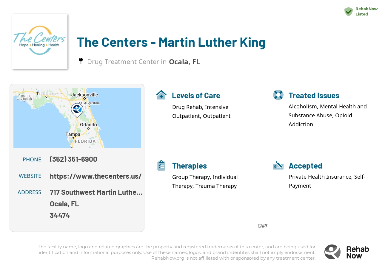 Helpful reference information for The Centers - Martin Luther King, a drug treatment center in Florida located at: 717 Southwest Martin Luther King, Jr. Street, Ocala, FL, 34474, including phone numbers, official website, and more. Listed briefly is an overview of Levels of Care, Therapies Offered, Issues Treated, and accepted forms of Payment Methods.
