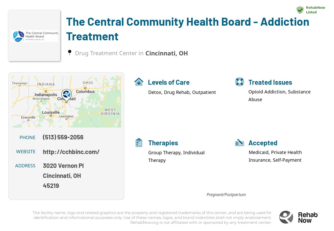 Helpful reference information for The Central Community Health Board - Addiction Treatment, a drug treatment center in Ohio located at: 3020 Vernon Pl, Cincinnati, OH 45219, including phone numbers, official website, and more. Listed briefly is an overview of Levels of Care, Therapies Offered, Issues Treated, and accepted forms of Payment Methods.